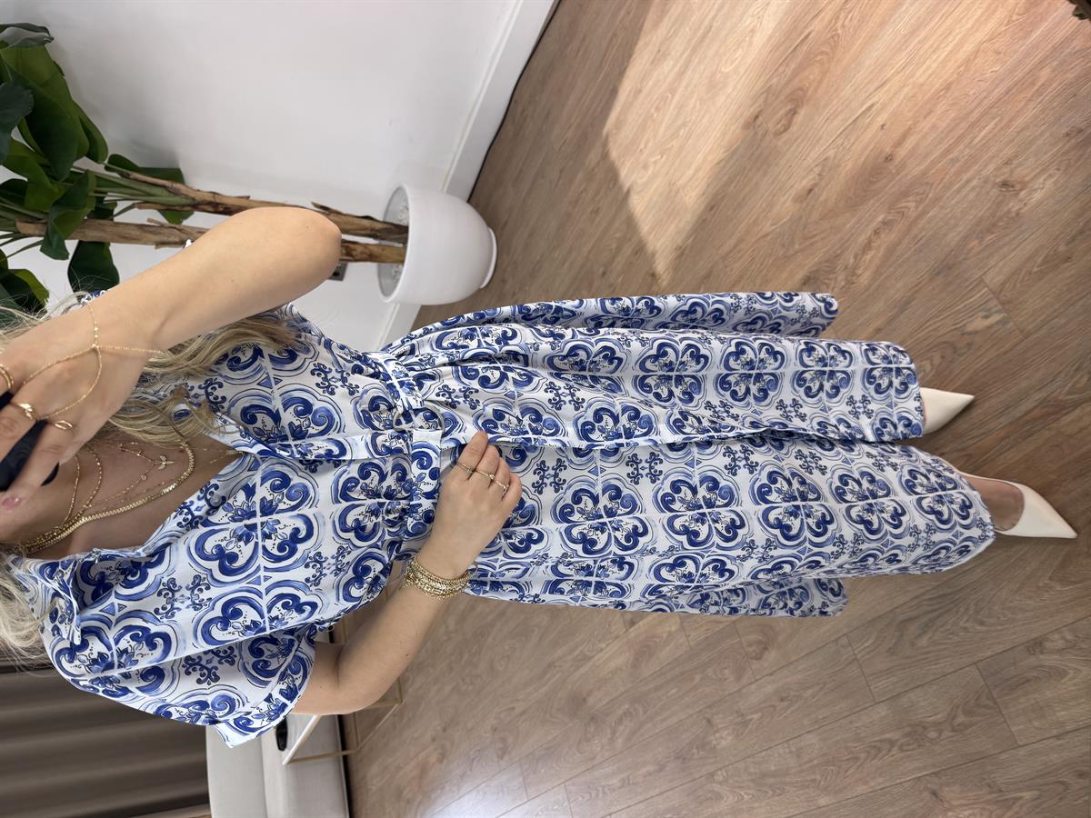 Desenli Kemerli Midi Elbise - Mavi