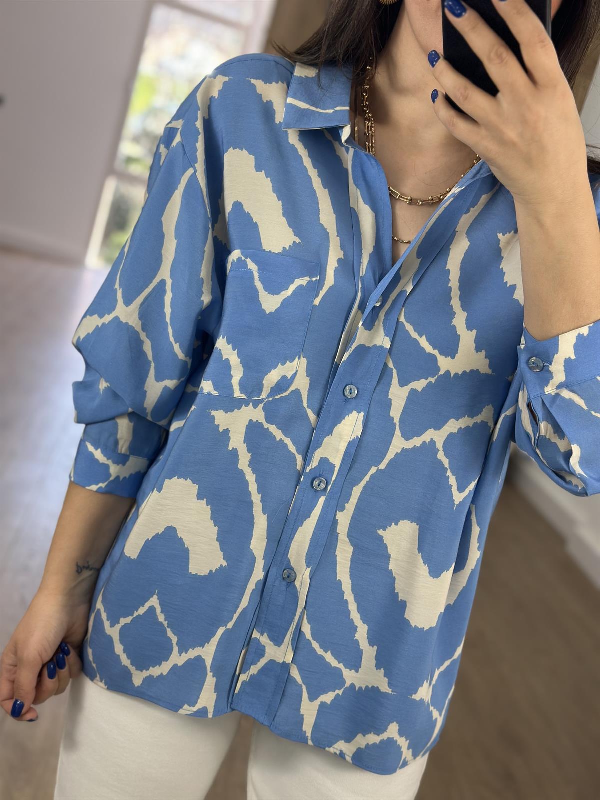 Desenli Tensel Gömlek-Mavi