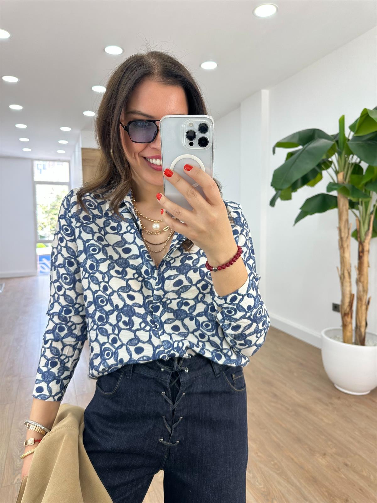 Desenli Tensel Gömlek - Mavi