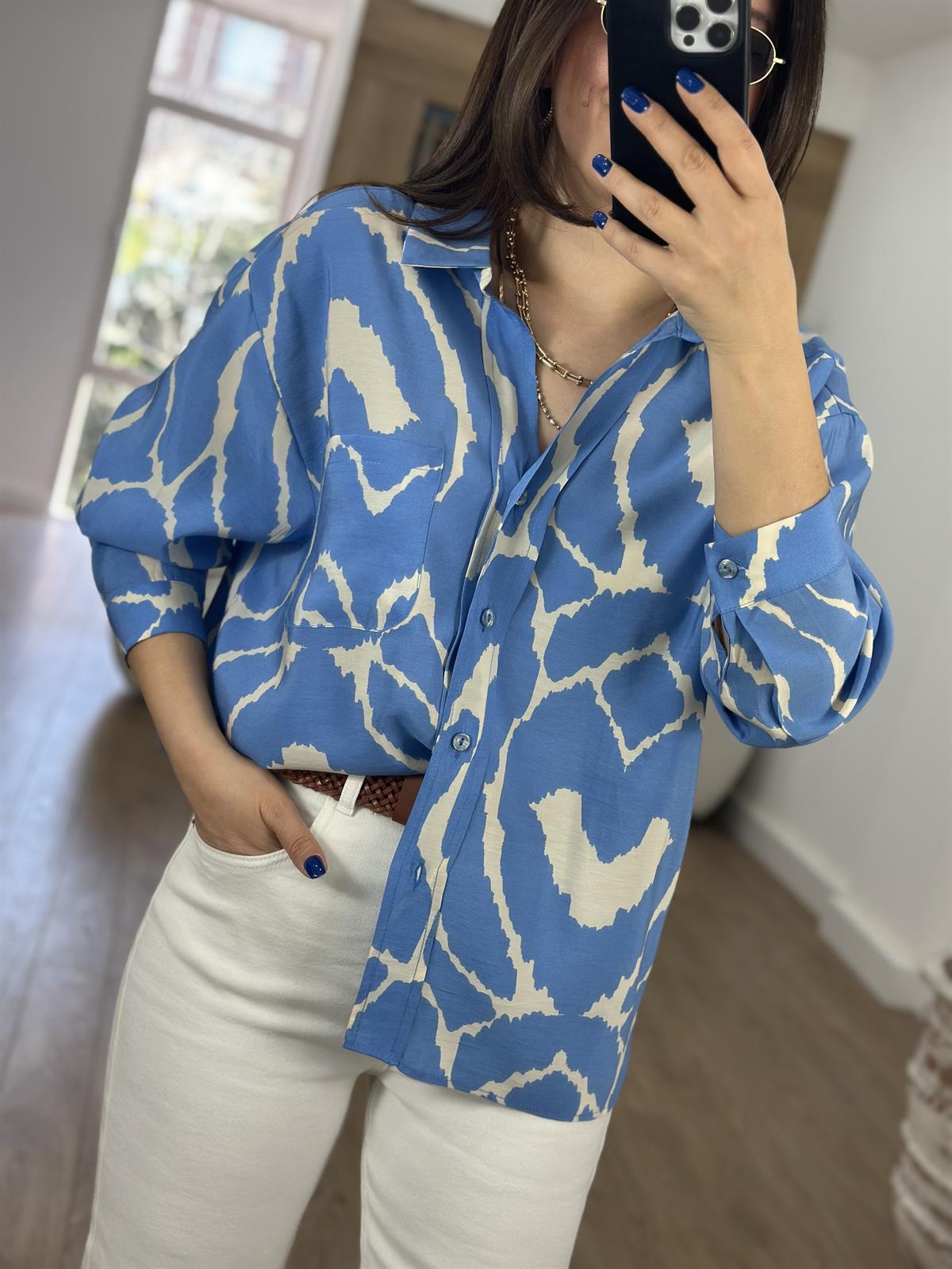 Desenli Tensel Gömlek-Mavi