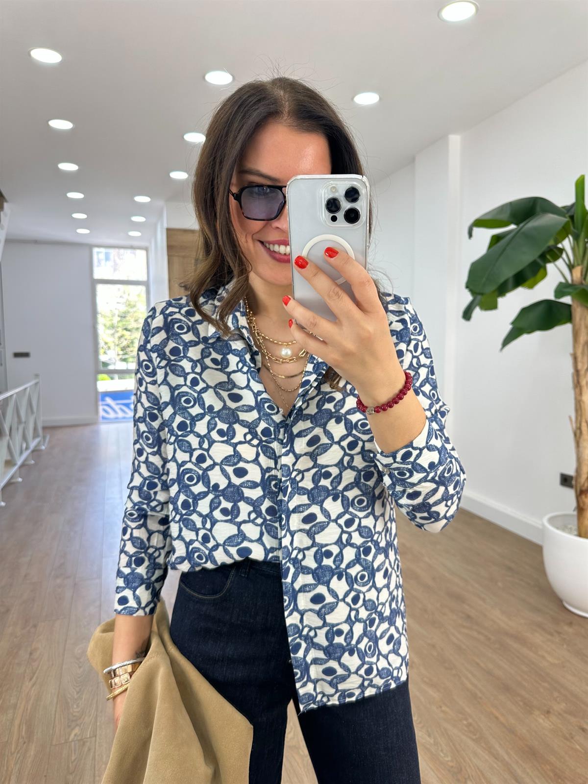 Desenli Tensel Gömlek - Mavi