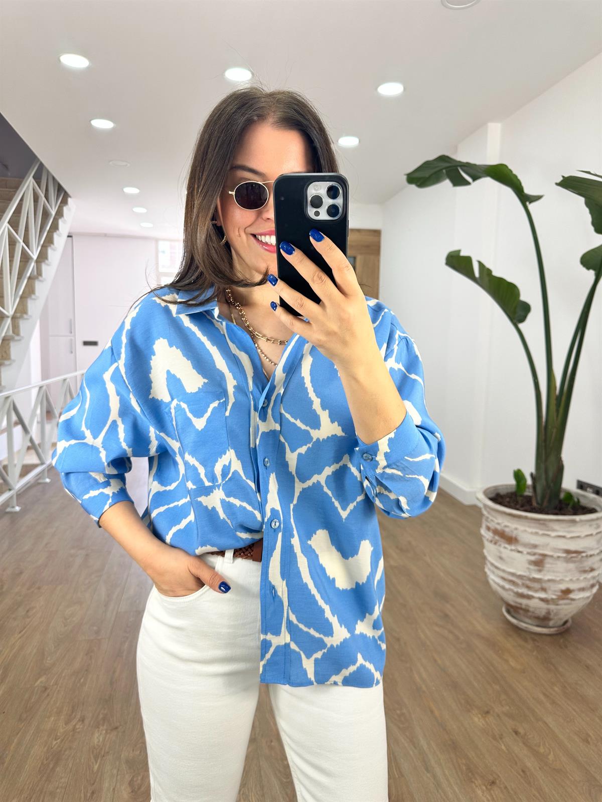 Desenli Tensel Gömlek-Mavi