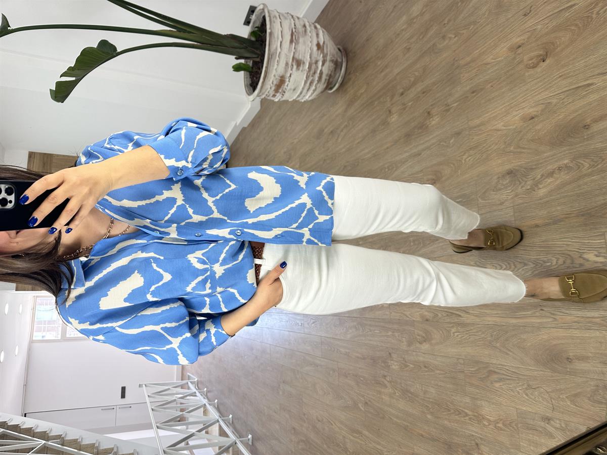 Desenli Tensel Gömlek-Mavi