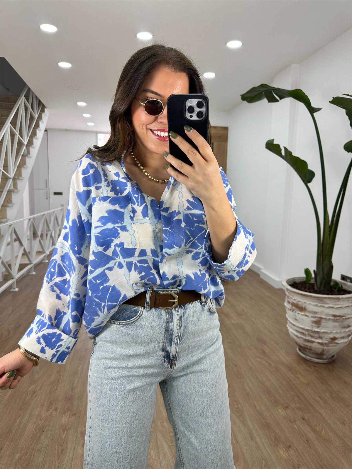 Desenli Tnsel Oversize Gömlek-Mavi