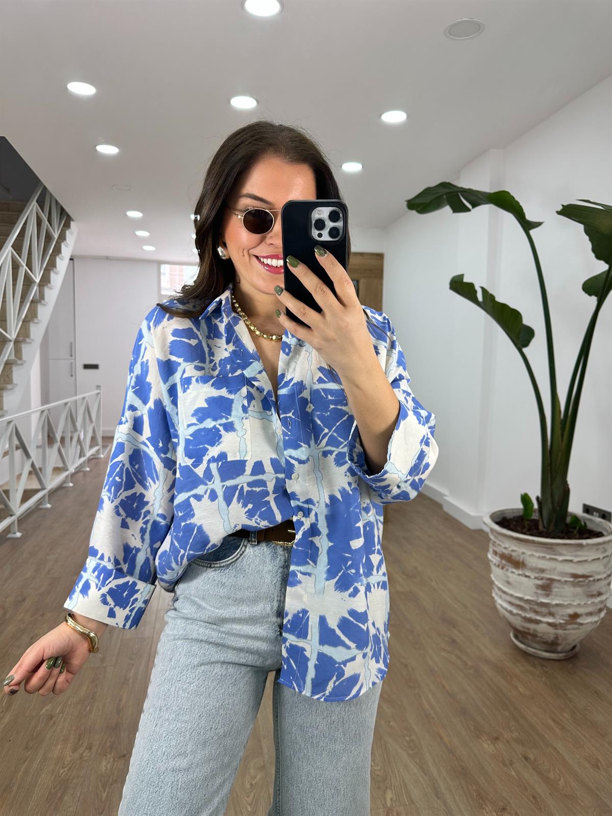 Desenli Tnsel Oversize Gömlek-Mavi