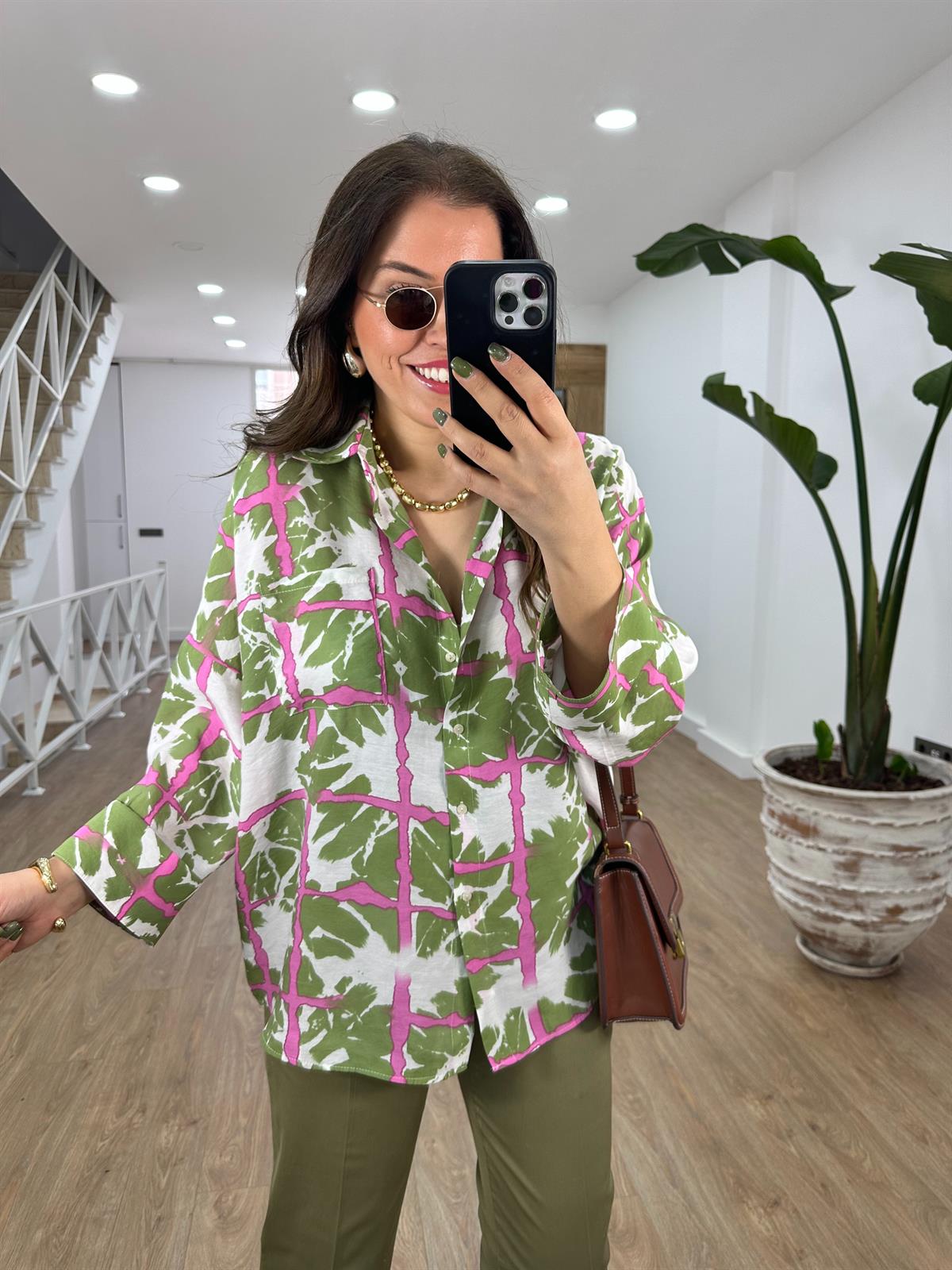 Desenli Tnsel Oversize Gömlek-Haki