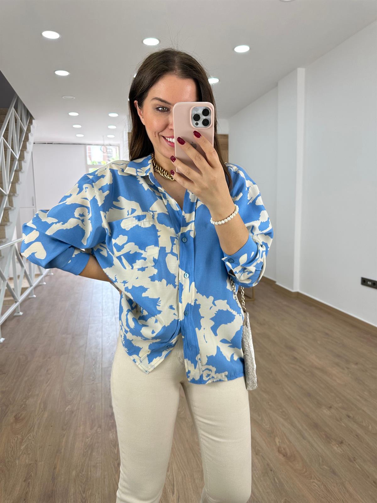 Desenli Tnsel Salaş Gömlek-Mavi