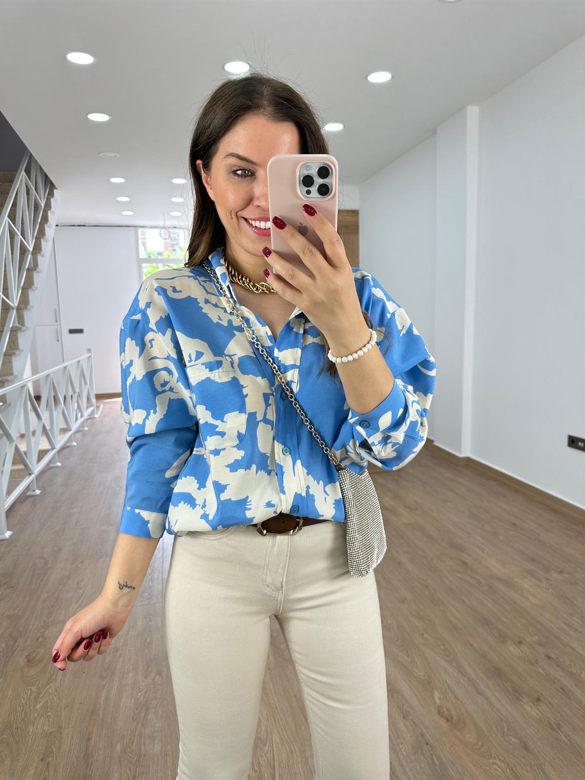 Desenli Tnsel Salaş Gömlek-Mavi