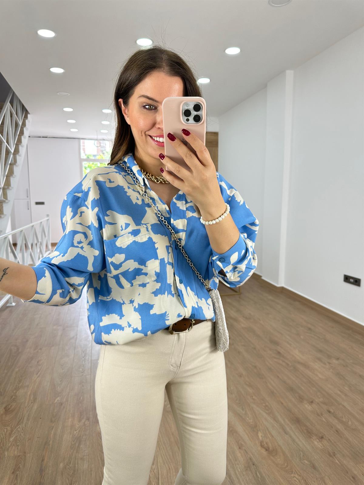 Desenli Tnsel Salaş Gömlek-Mavi