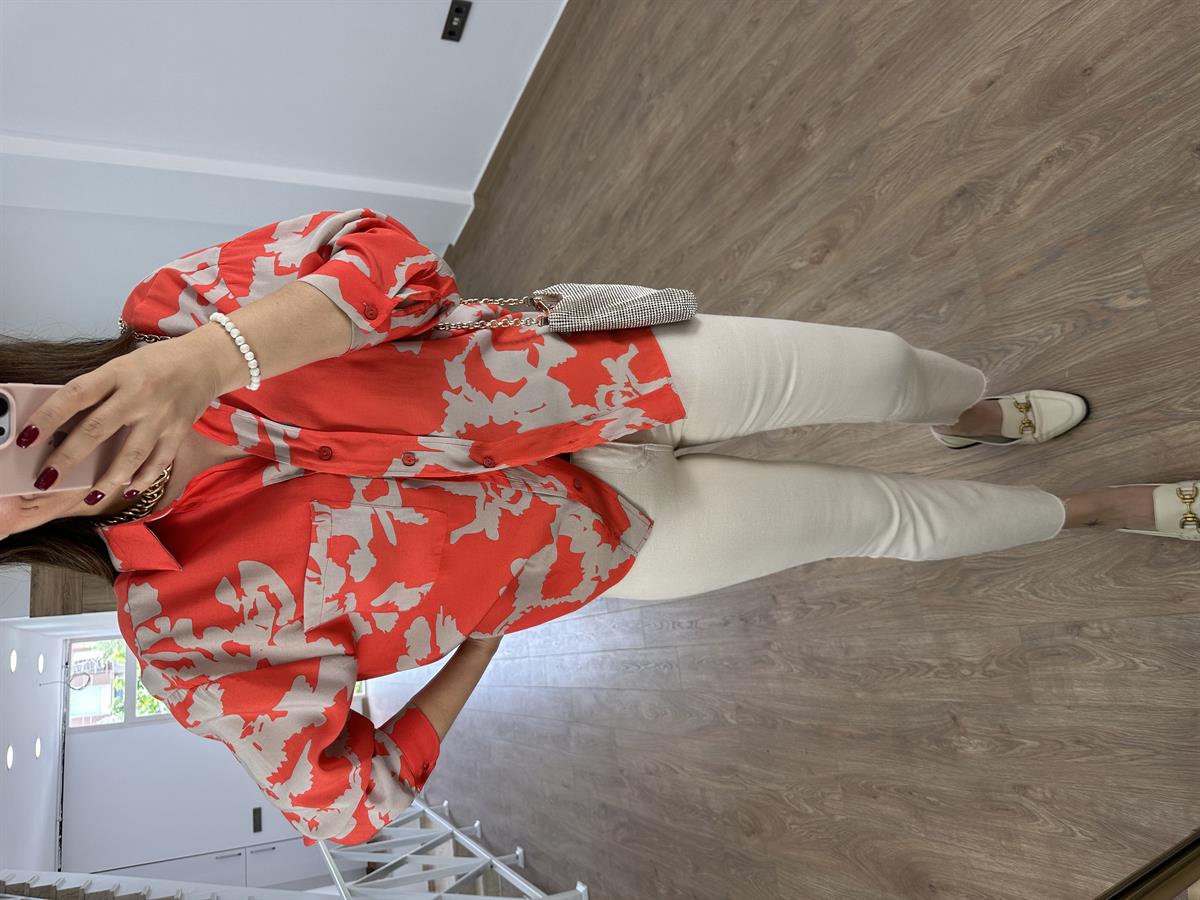 Desenli Tnsel Salaş Gömlek-Nar Çiçeği