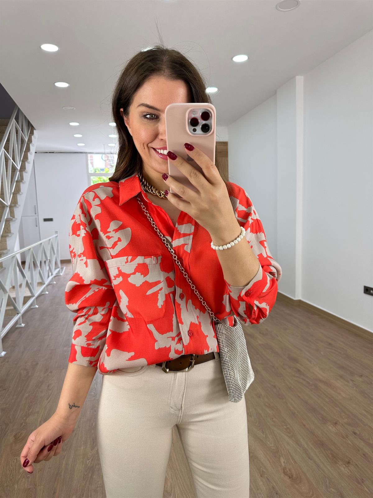 Desenli Tnsel Salaş Gömlek-Nar Çiçeği