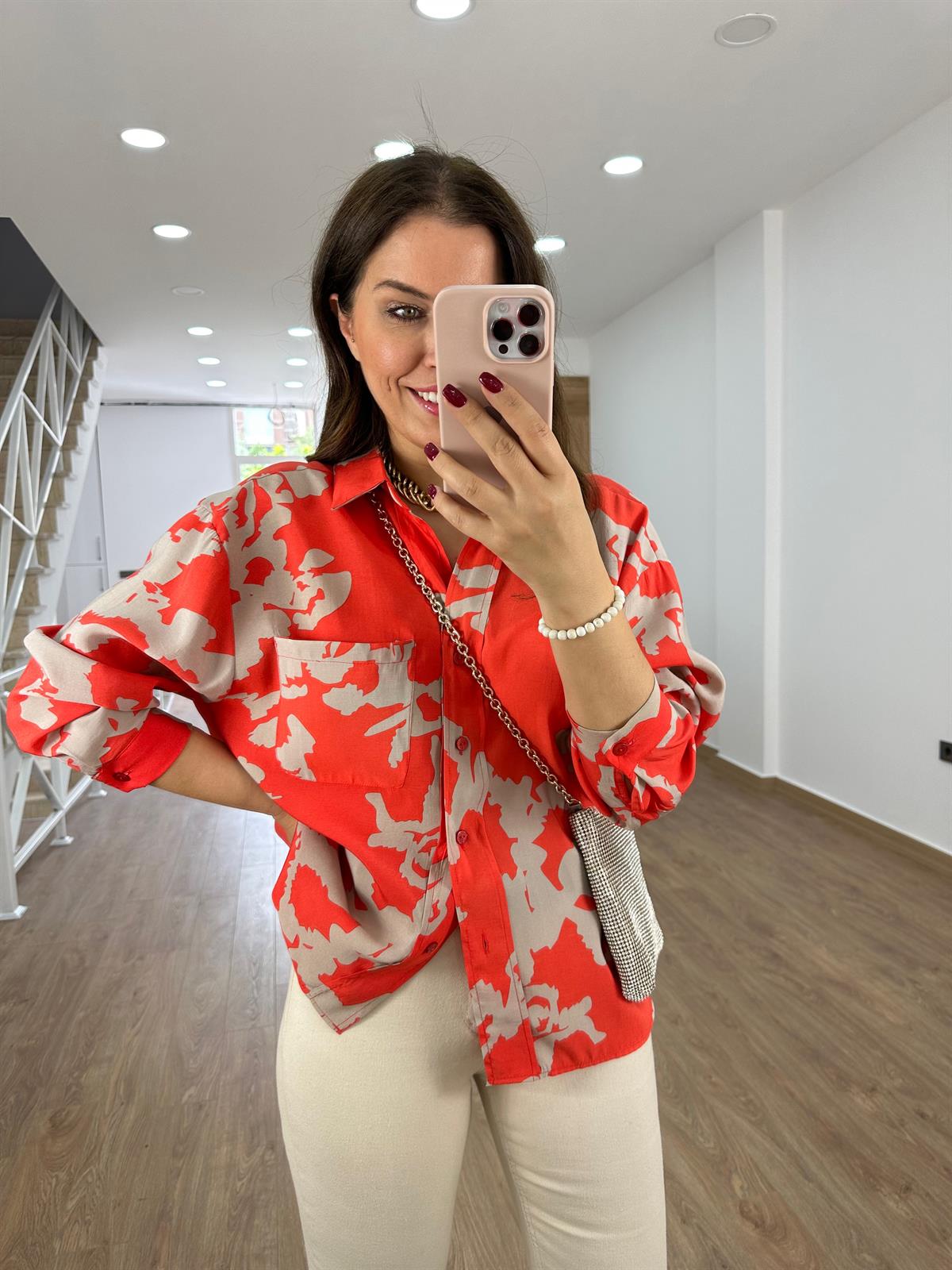 Desenli Tnsel Salaş Gömlek-Nar Çiçeği