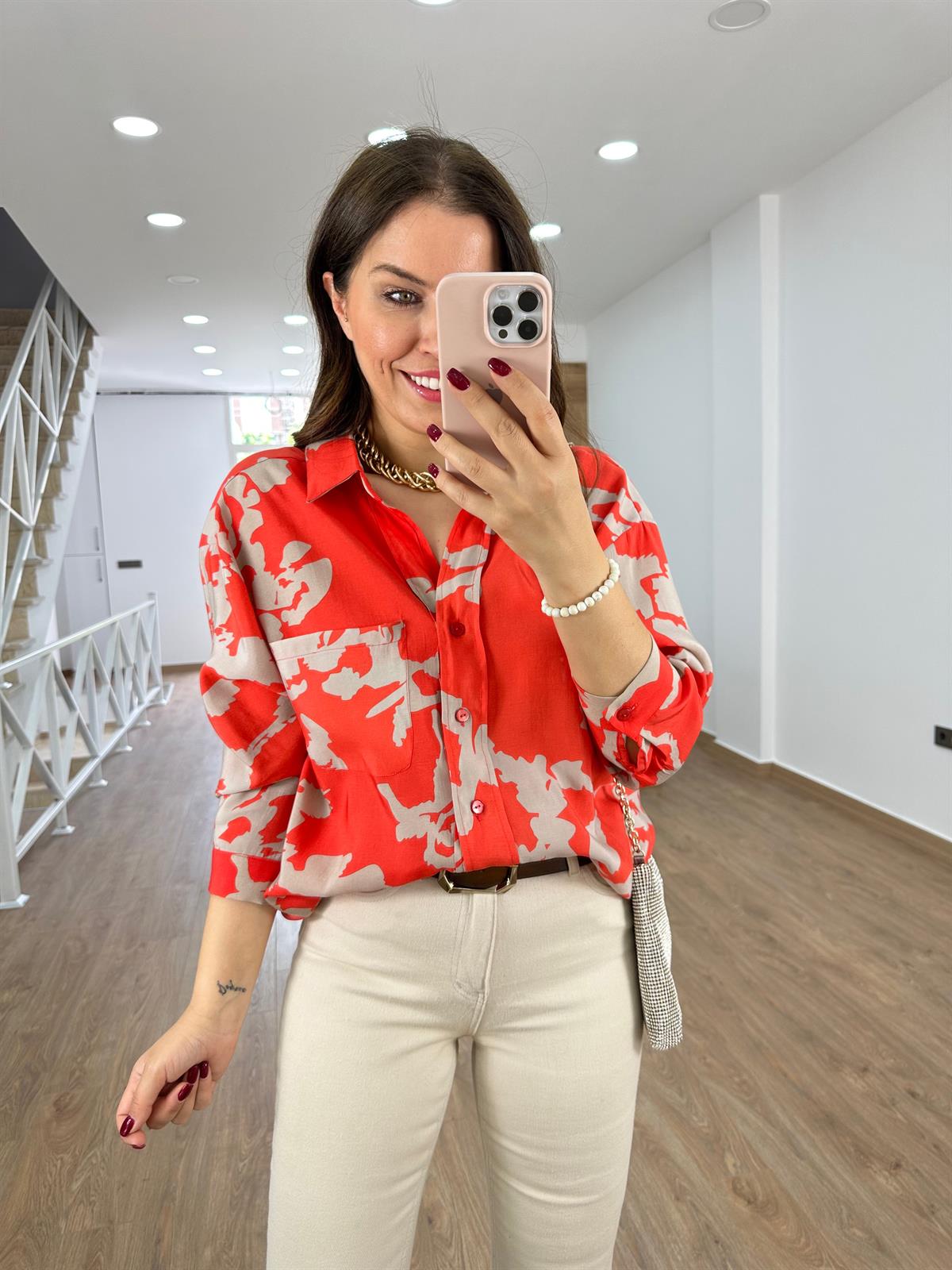 Desenli Tnsel Salaş Gömlek-Nar Çiçeği