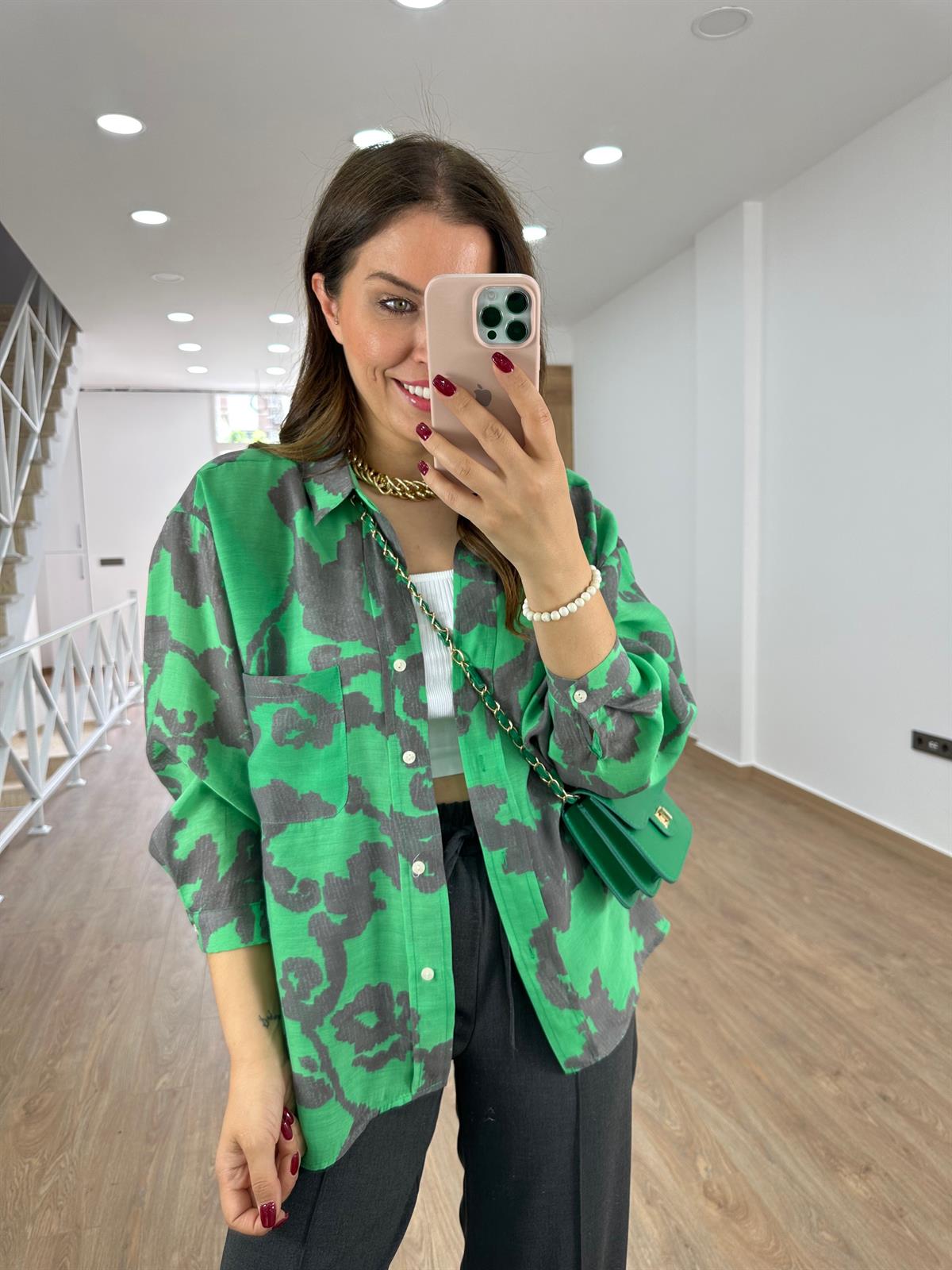 Desenli Tnsel Salaş Gömlek-Yeşil