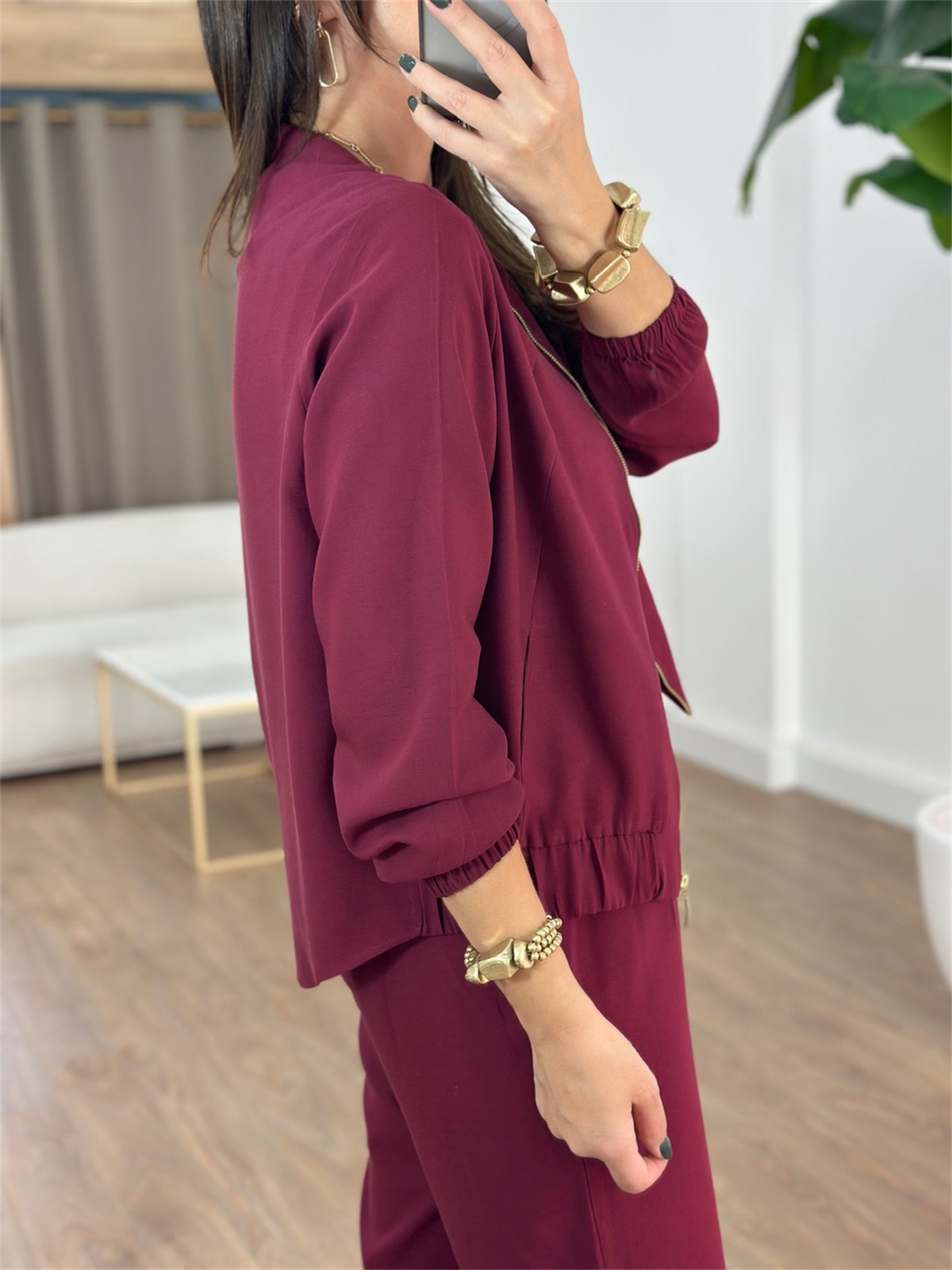 Fermuarlı Pantolon Ceket Takım - Bordo