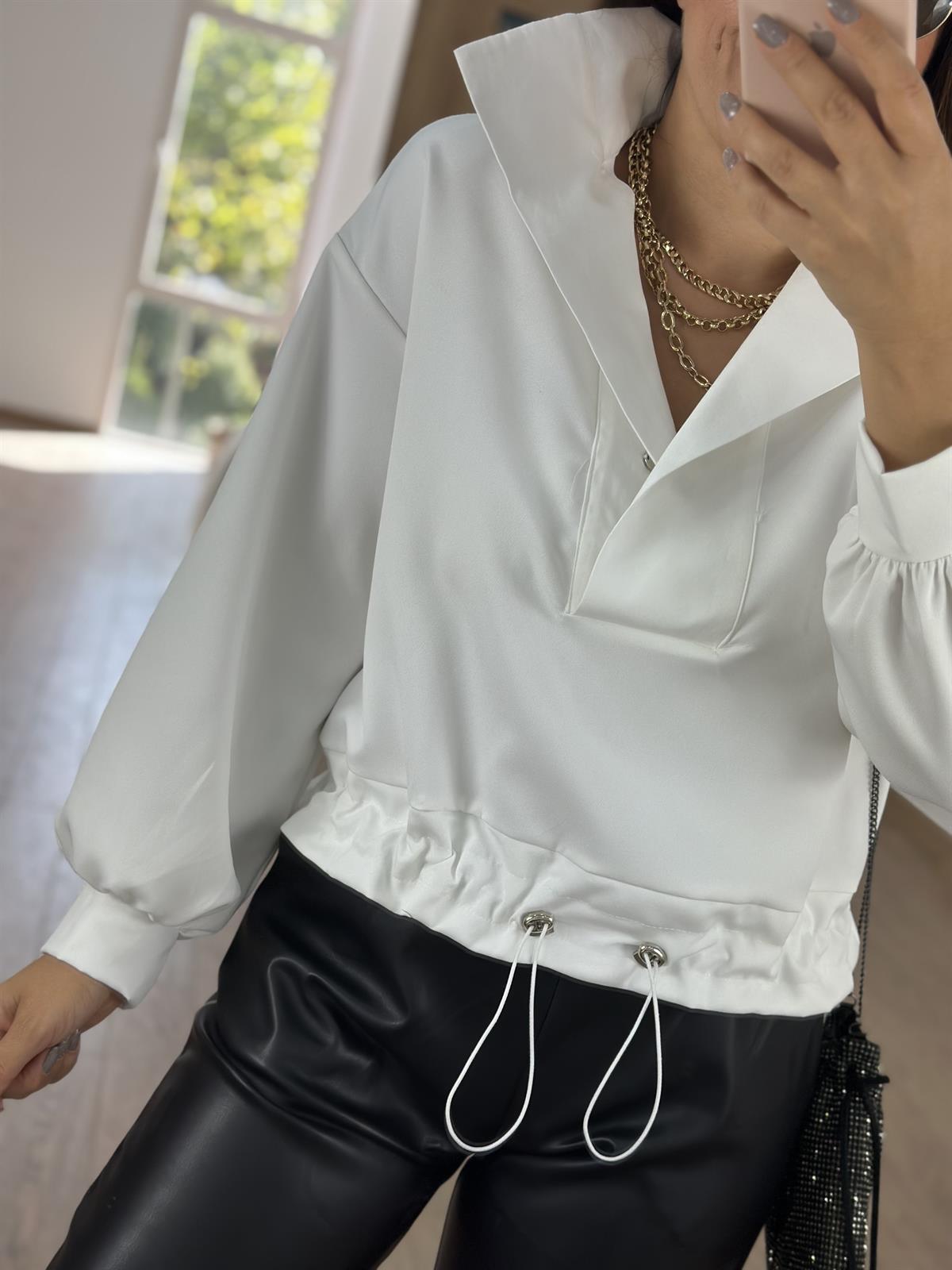 Dik Yaka Beli Lastikli Sweat - Beyaz