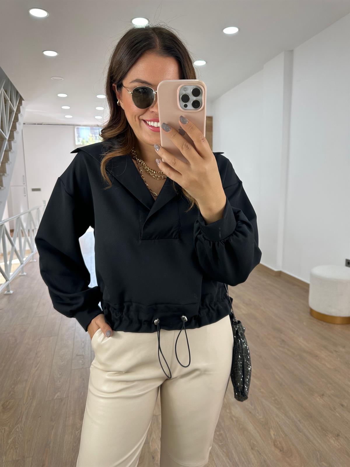 Dik Yaka Beli Lastikli Sweat - Siyah