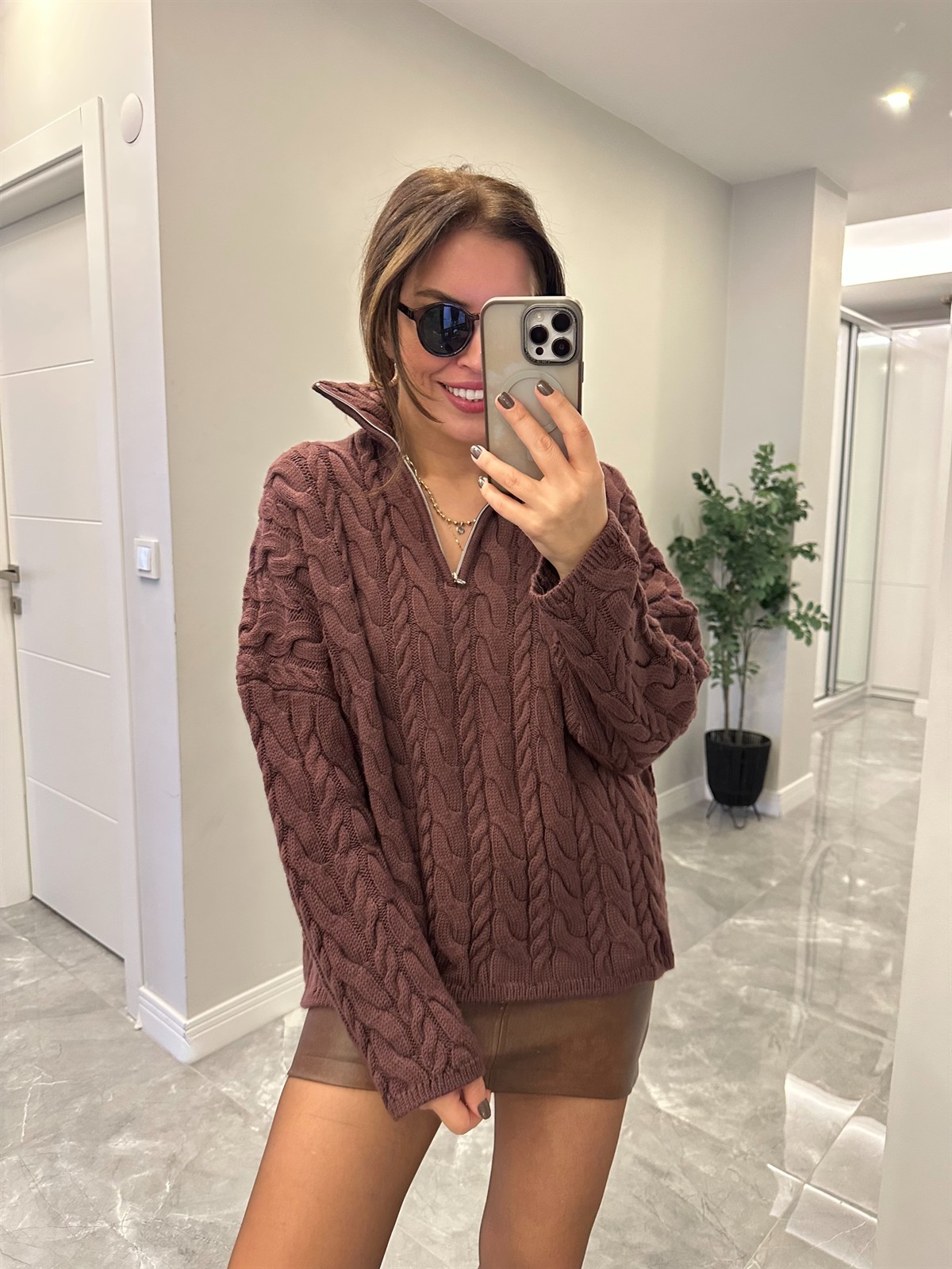 Dik Yaka Fermuarlı Örgülü Kazak - Bordo