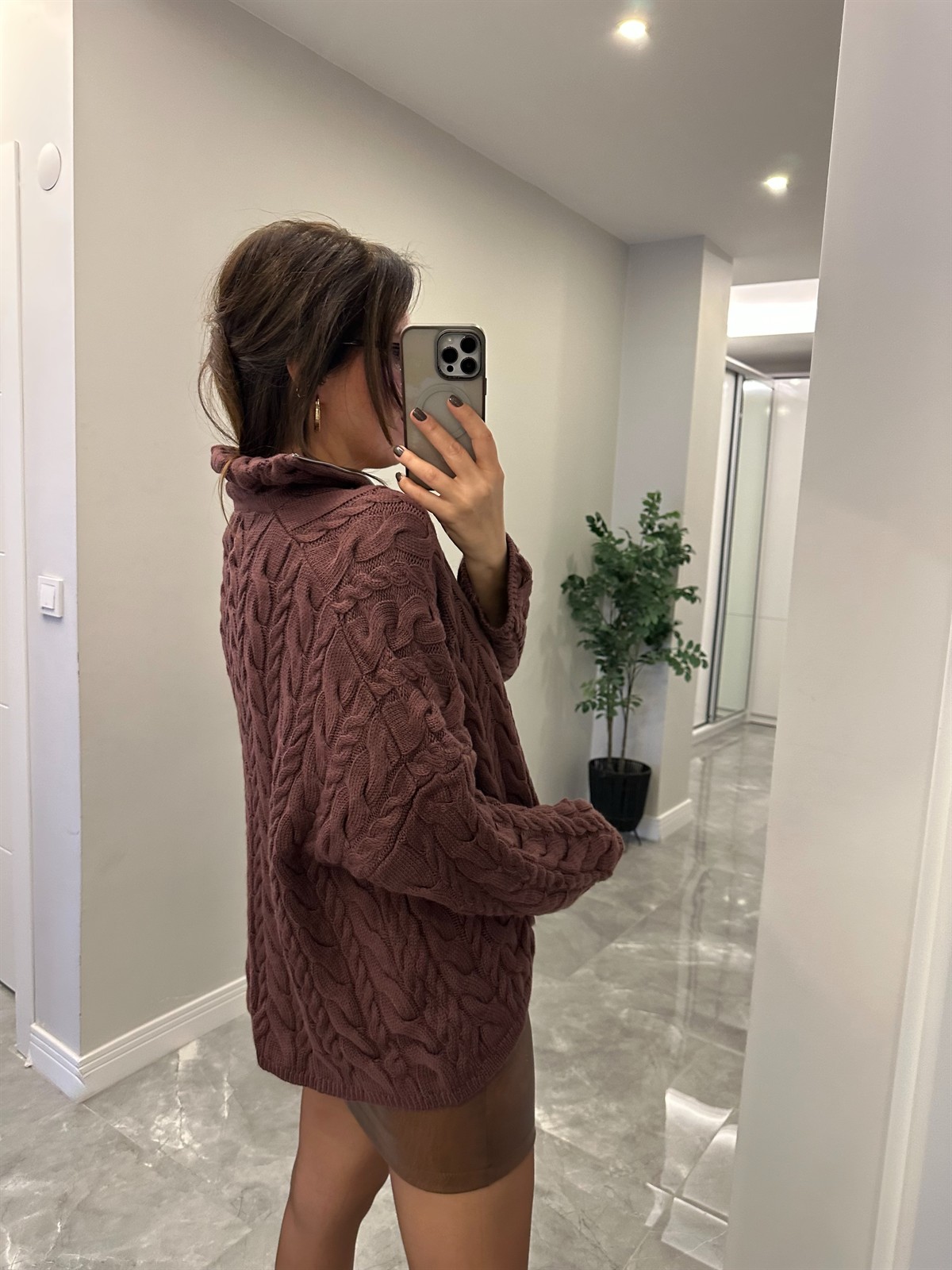 Dik Yaka Fermuarlı Örgülü Kazak - Bordo