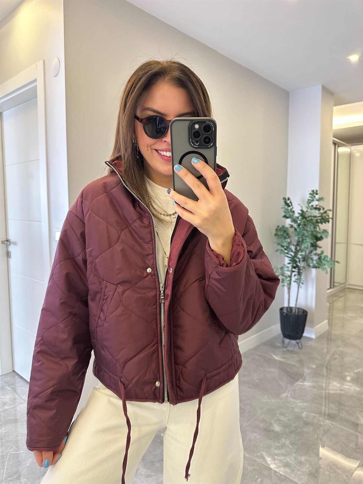 Dik Yaka Kapitone Mont - Bordo