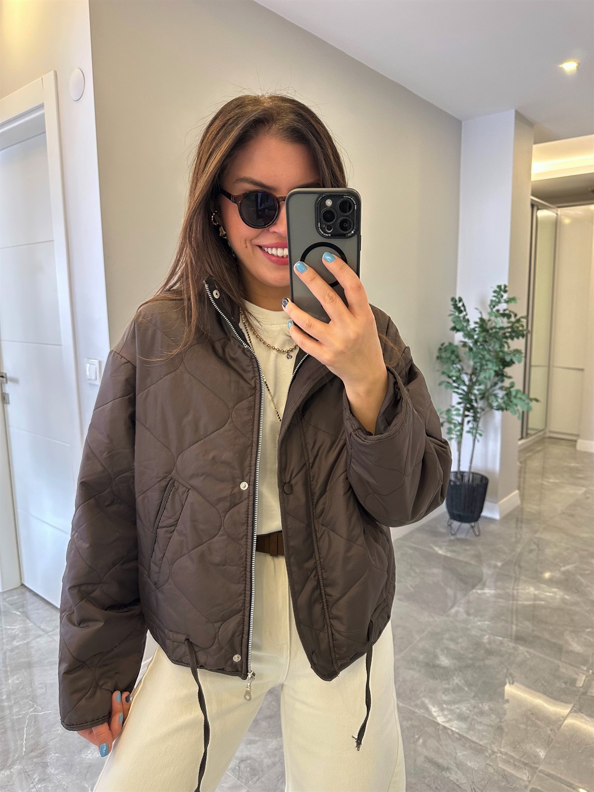 Dik Yaka Kapitone Mont - Kahverengi