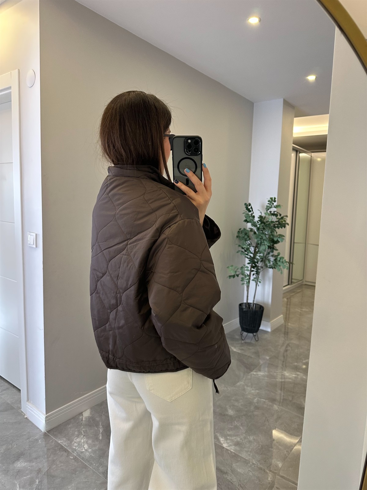 Dik Yaka Kapitone Mont - Kahverengi