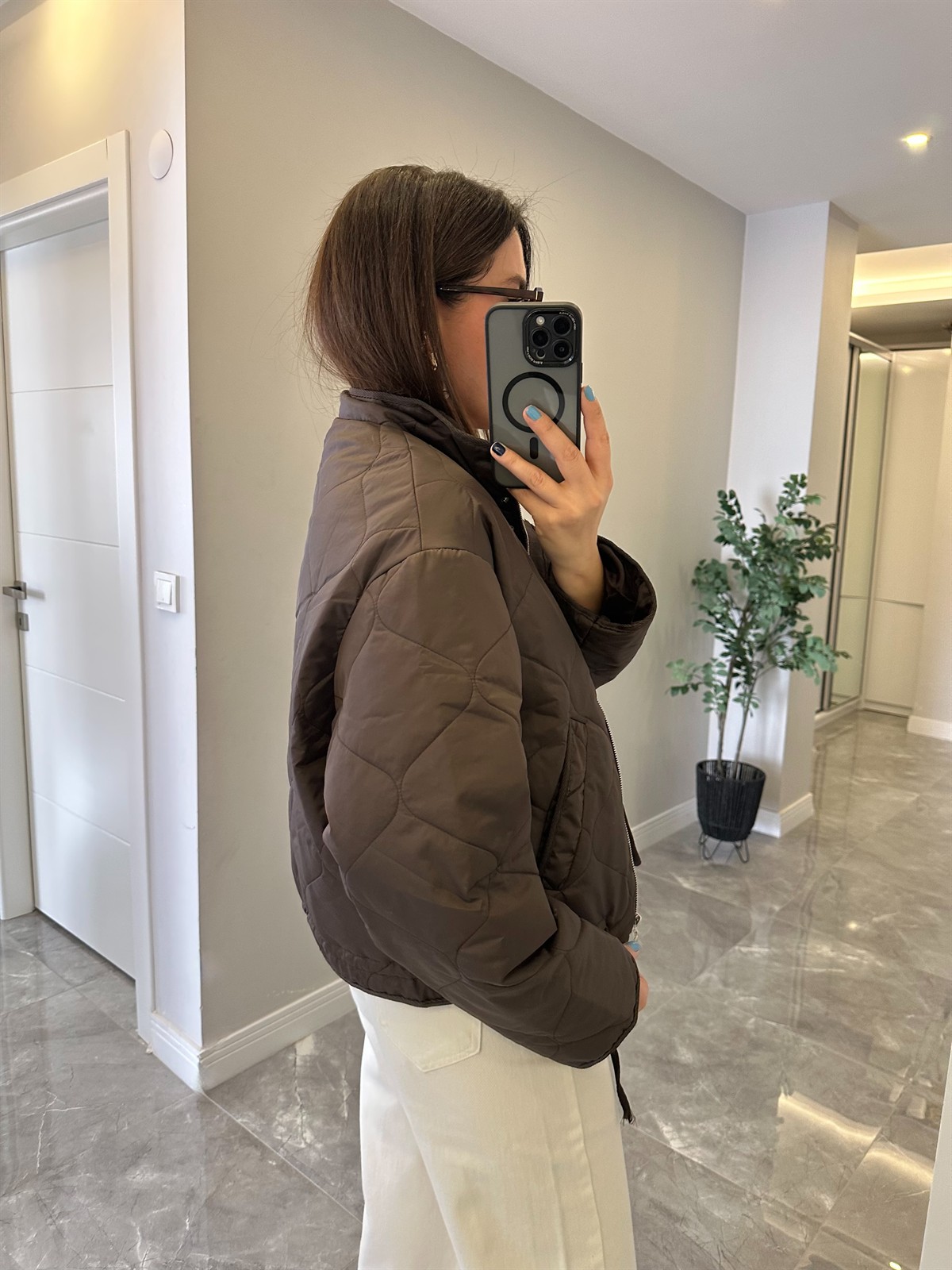 Dik Yaka Kapitone Mont - Kahverengi