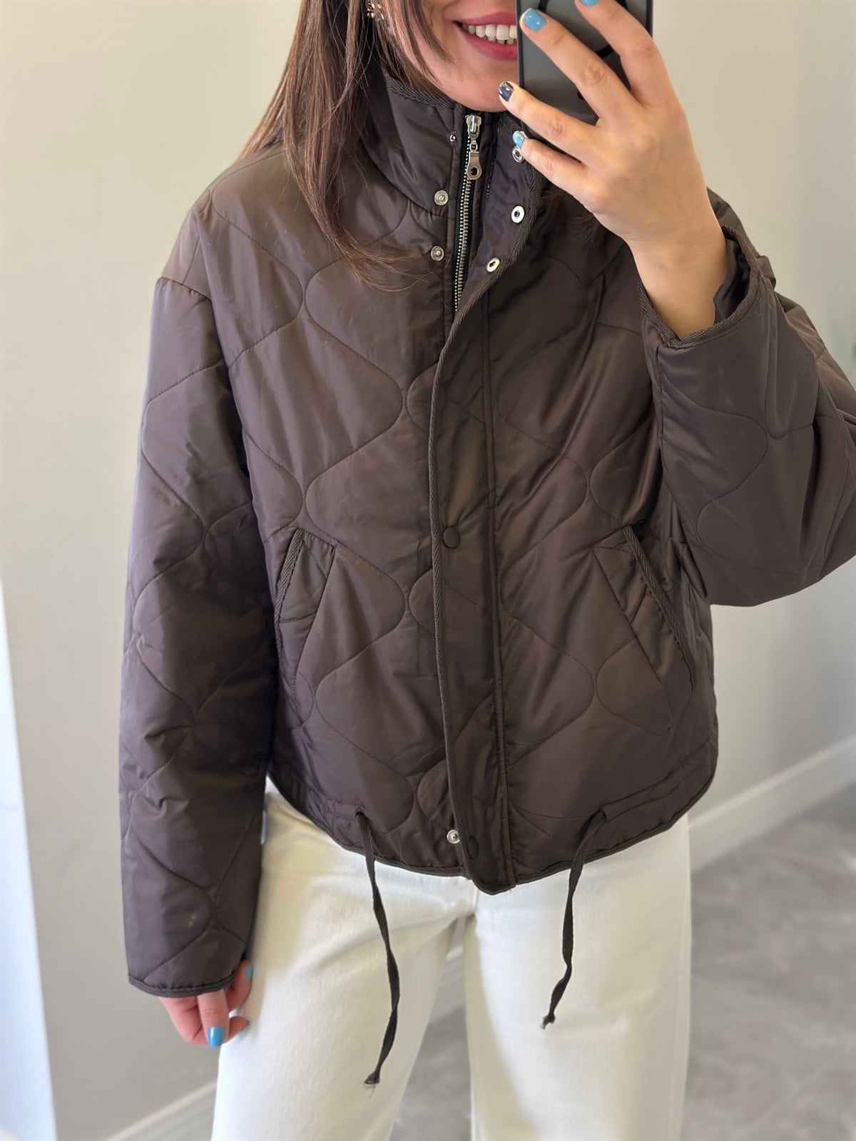 Dik Yaka Kapitone Mont - Kahverengi