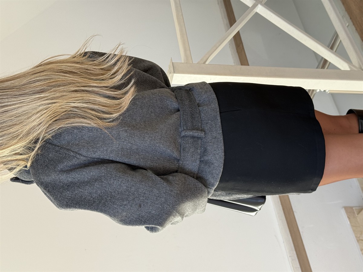 Dik Yaka Kemerli Kısa Kaşe Kaban - Antrasit