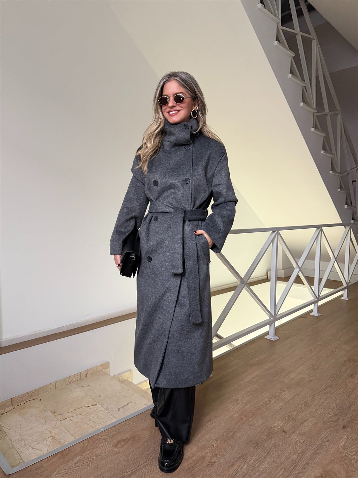 Dik Yaka Kemerli Uzun Kaşe Kaban - Antrasit