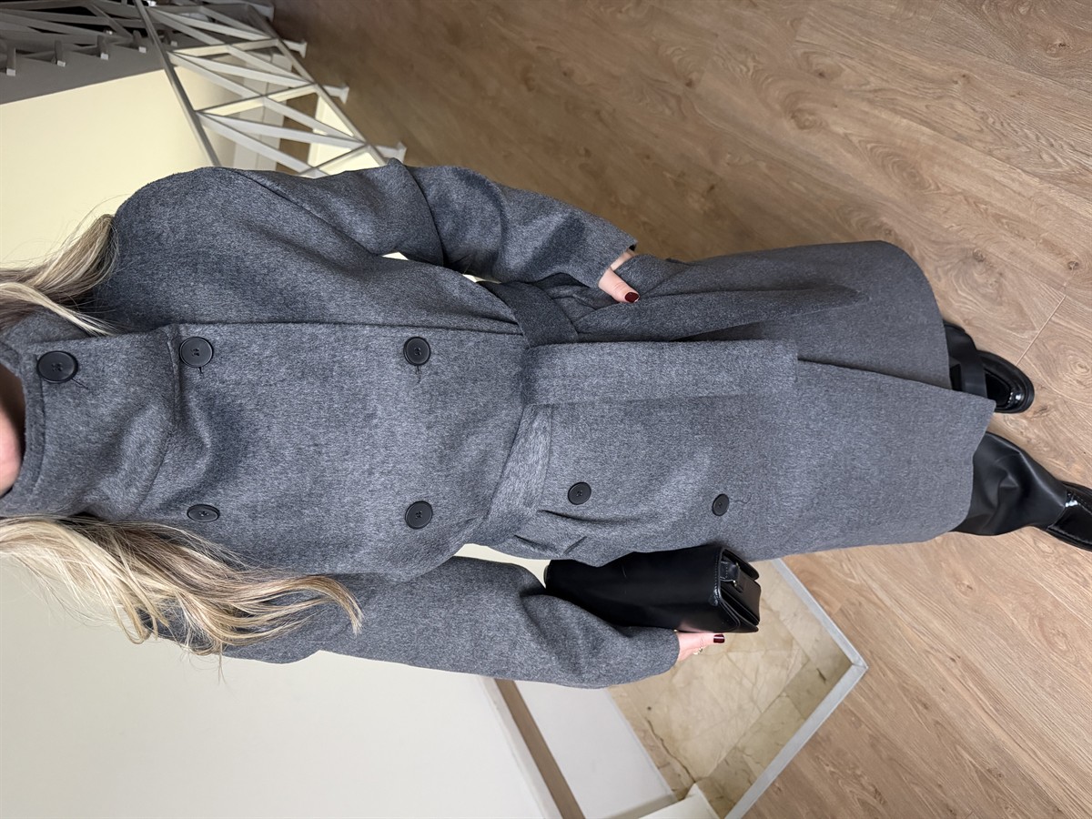 Dik Yaka Kemerli Uzun Kaşe Kaban - Antrasit