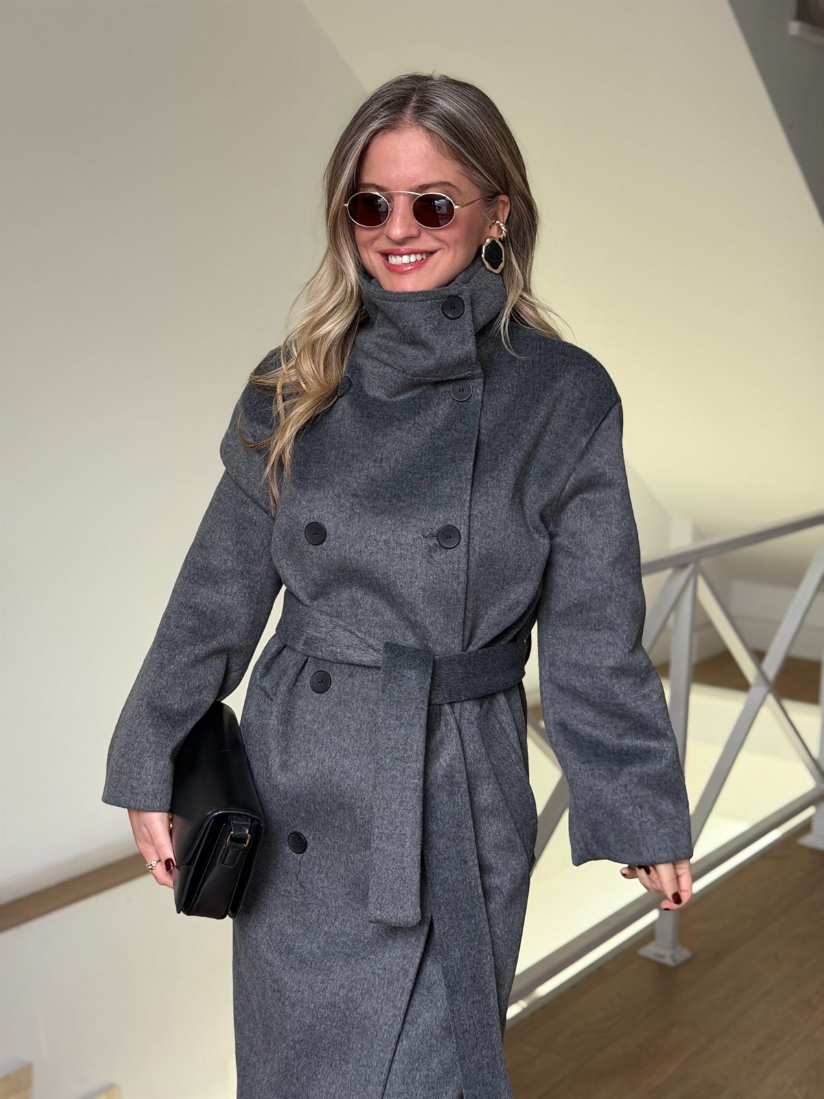 Dik Yaka Kemerli Uzun Kaşe Kaban - Antrasit