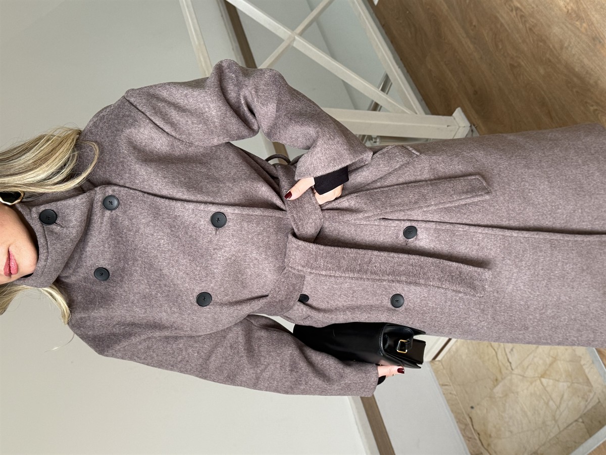 Dik Yaka Kemerli Uzun Kaşe Kaban - Koyu Kahve