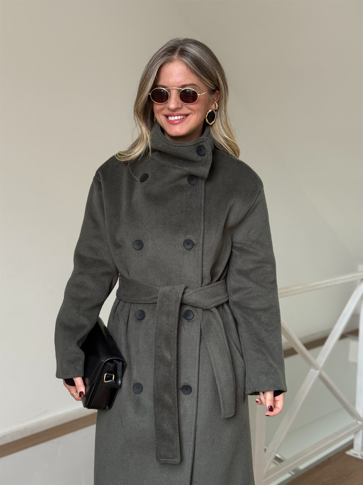 Dik Yaka Kemerli Uzun Kaşe Kaban - Yeşil