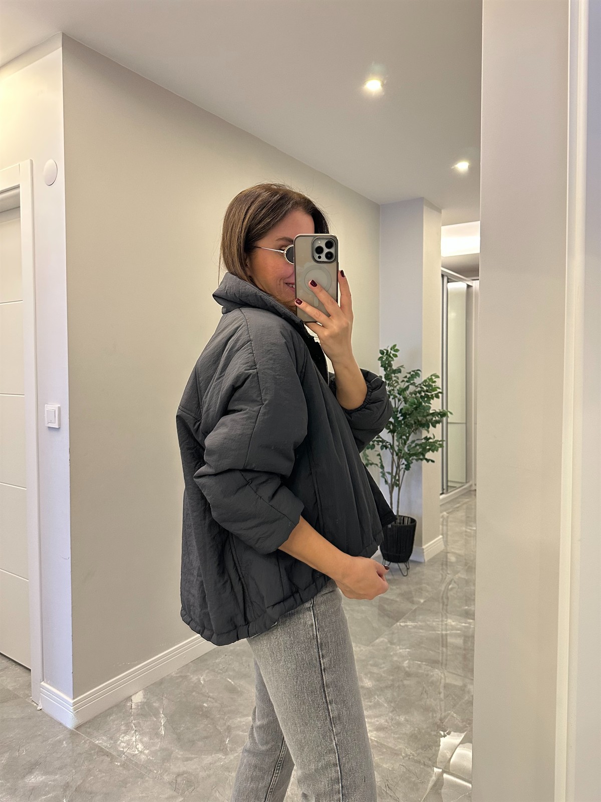 Dik Yaka Şişme Mont - Antrasit