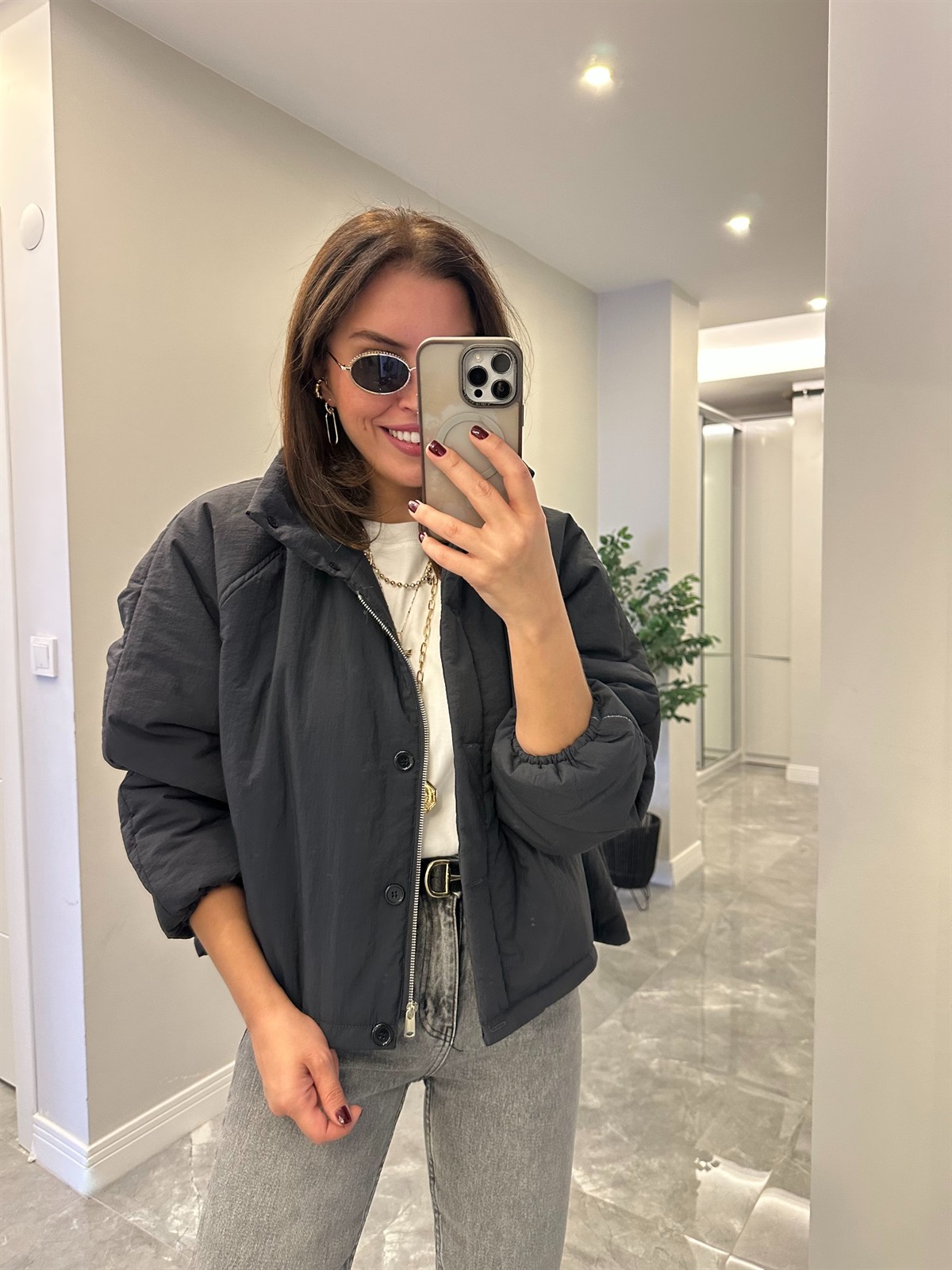 Dik Yaka Şişme Mont - Antrasit