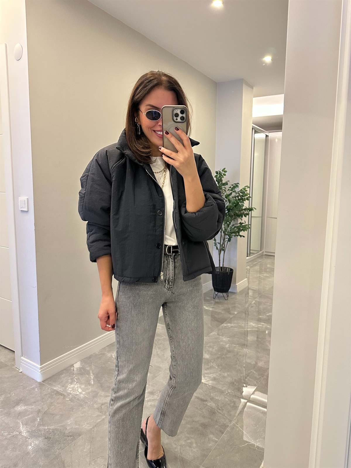 Dik Yaka Şişme Mont - Antrasit