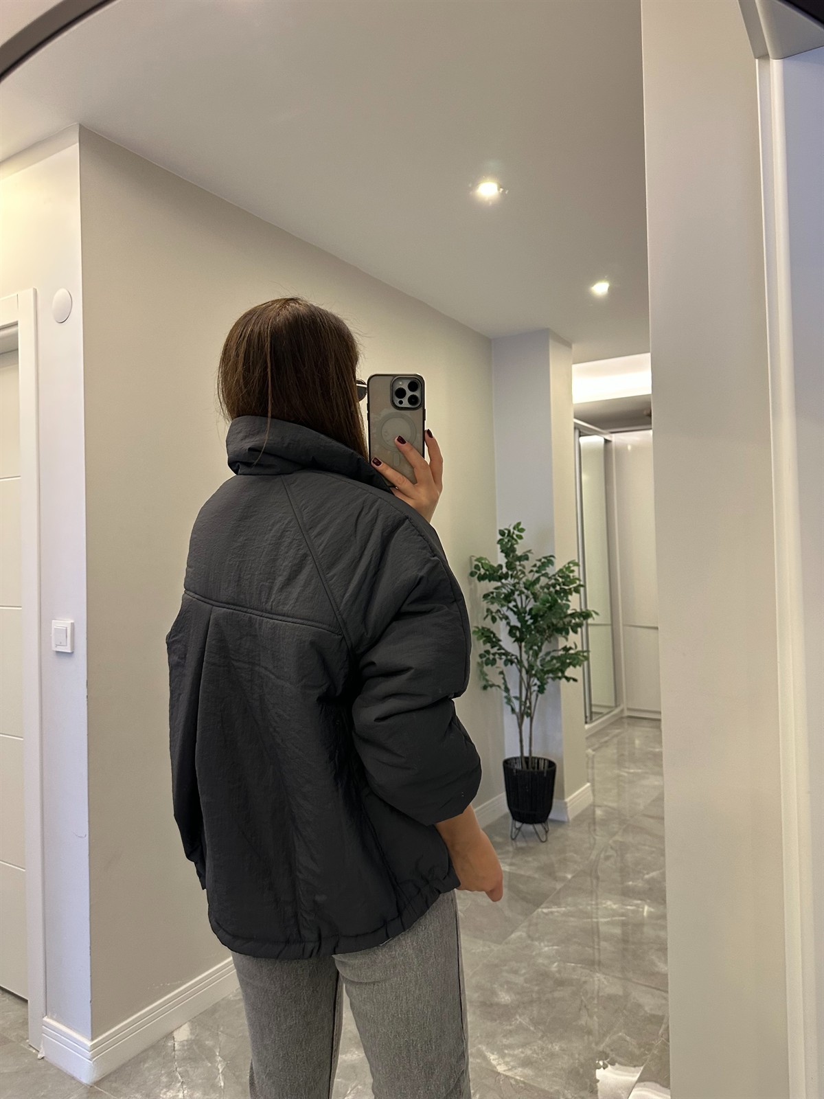 Dik Yaka Şişme Mont - Antrasit