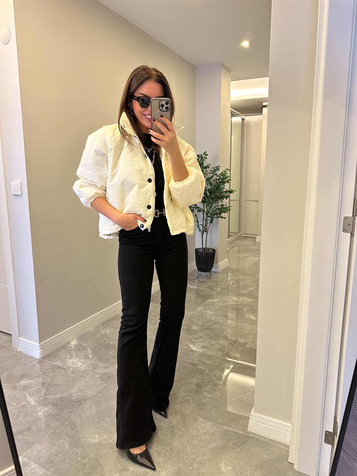 Dik Yaka Şişme Mont - Ekru