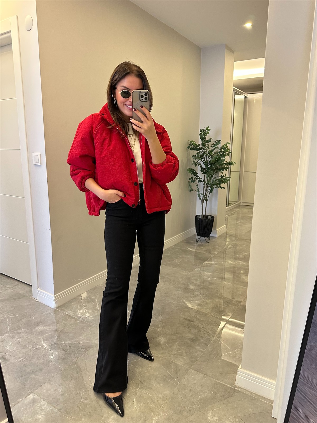 Dik Yaka Şişme Mont - Kırmızı