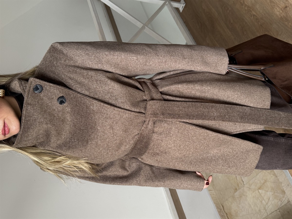 Dik Yaka Yünlü Kısa Kaban - Kahverengi