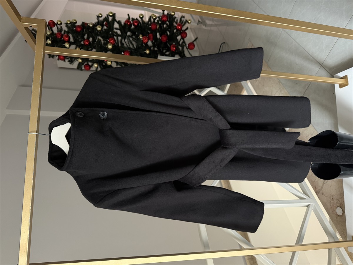 Dik Yaka Yünlü Kısa Kaban - Siyah