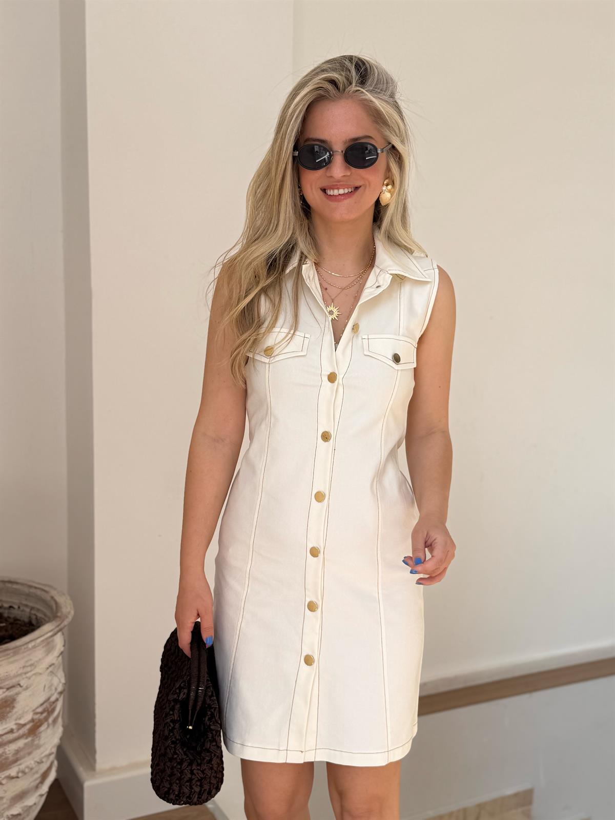 Dikiş Detay Denim Elbise - Ekru