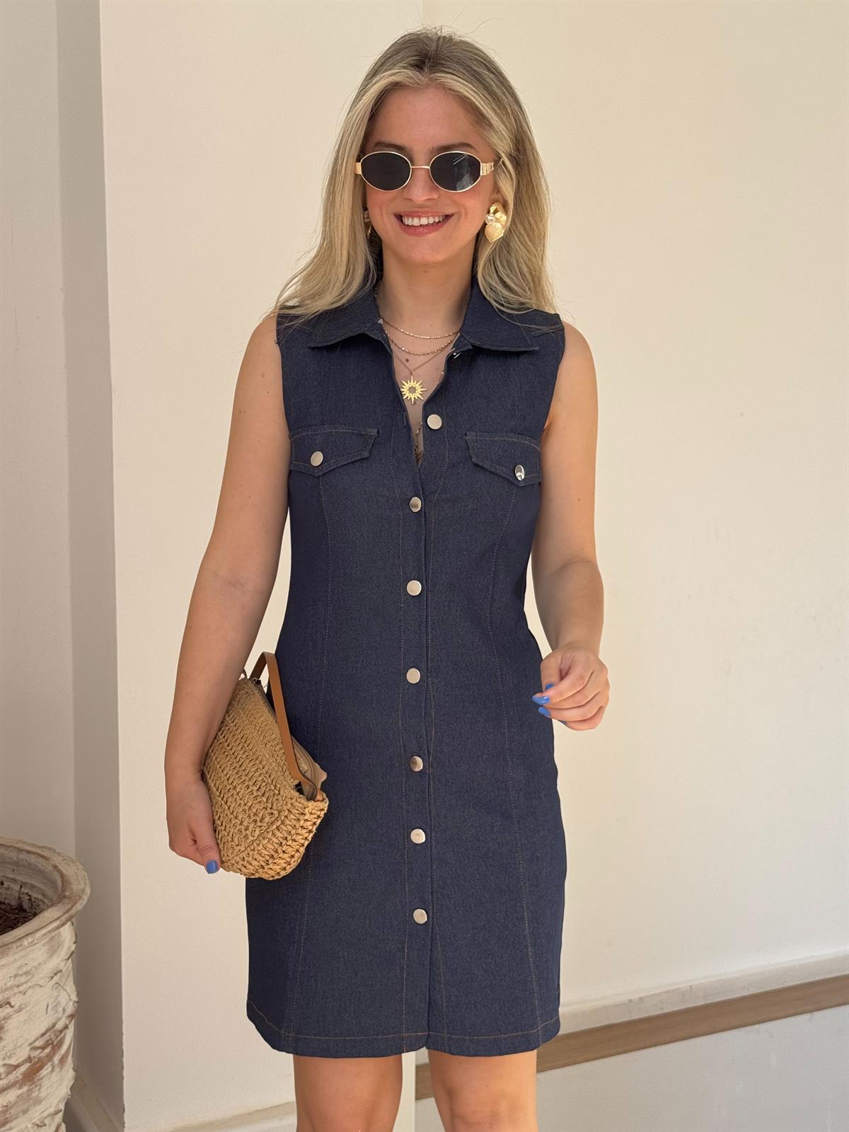 Dikiş Detay Denim Elbise - Lacivert