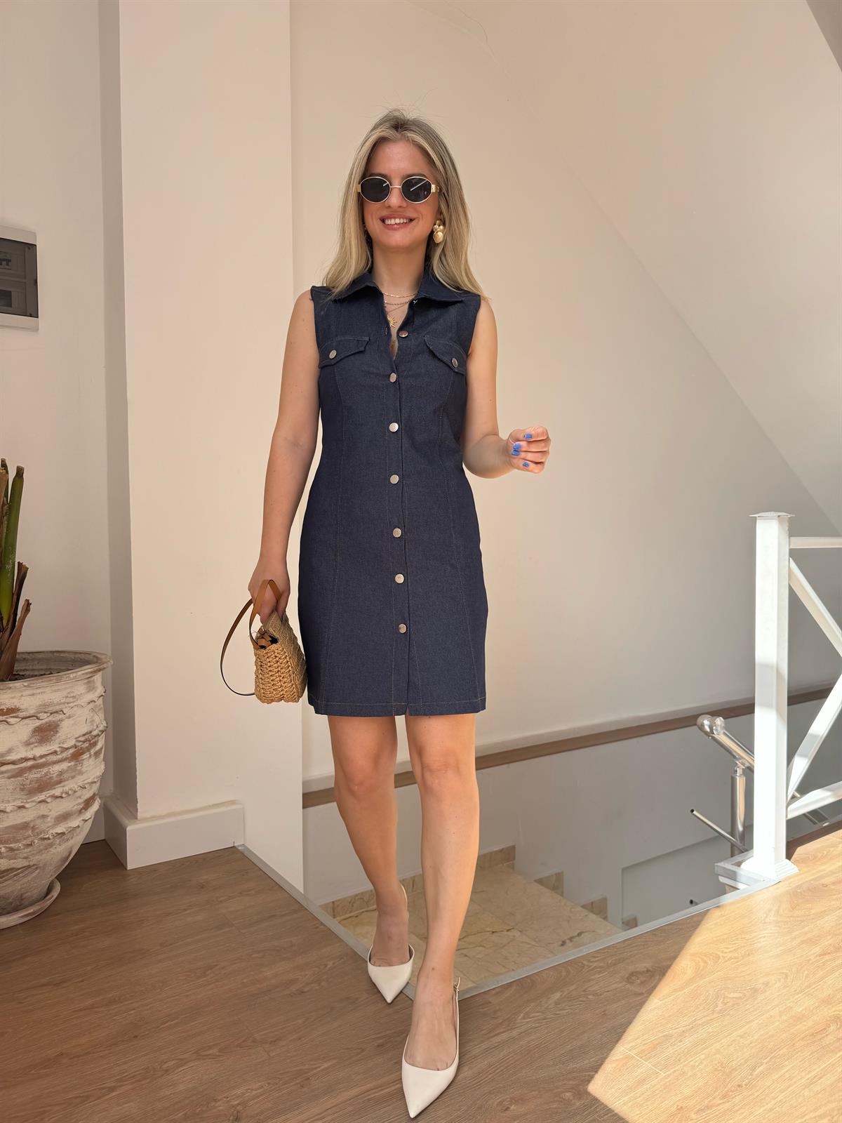 Dikiş Detay Denim Elbise - Lacivert