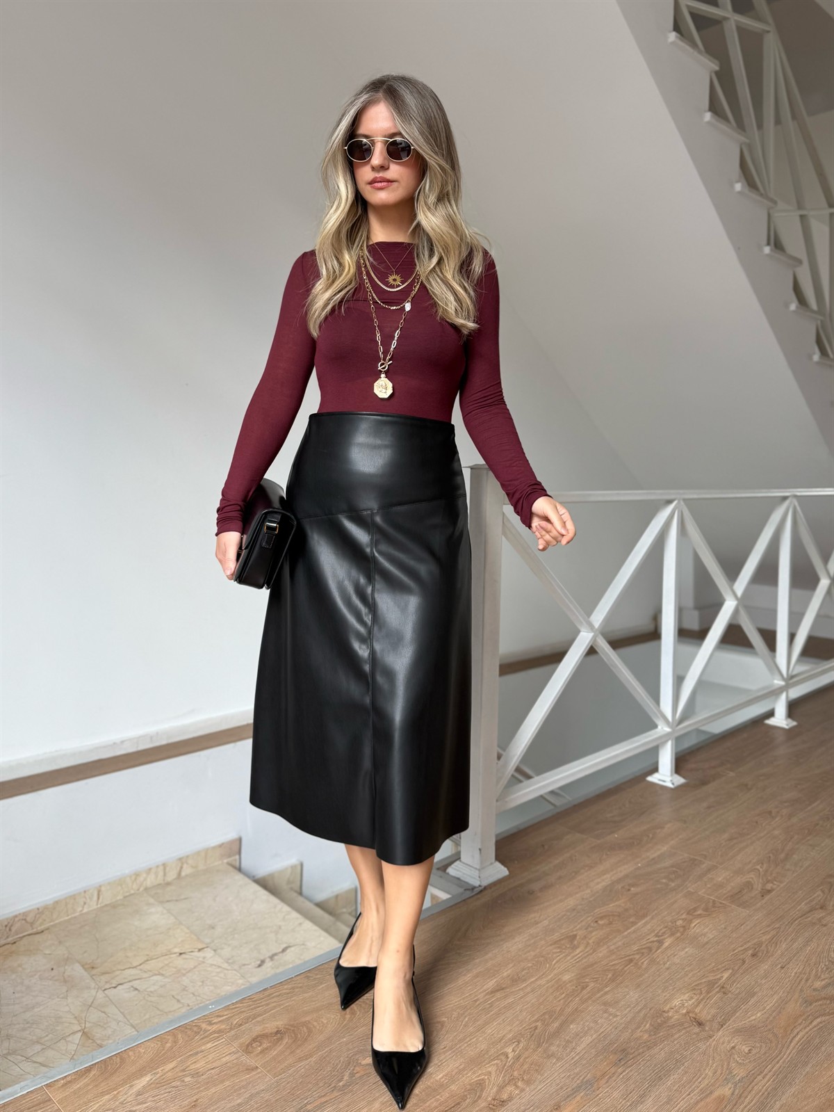 Dikiş Detaylı Midi Deri Etek - Siyah 