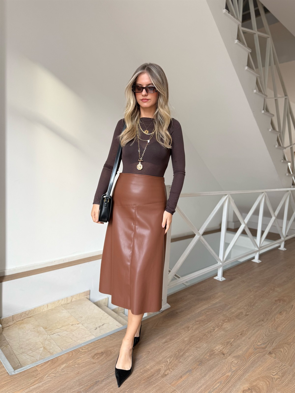 Dikiş Detaylı Midi Deri Etek - Taba 