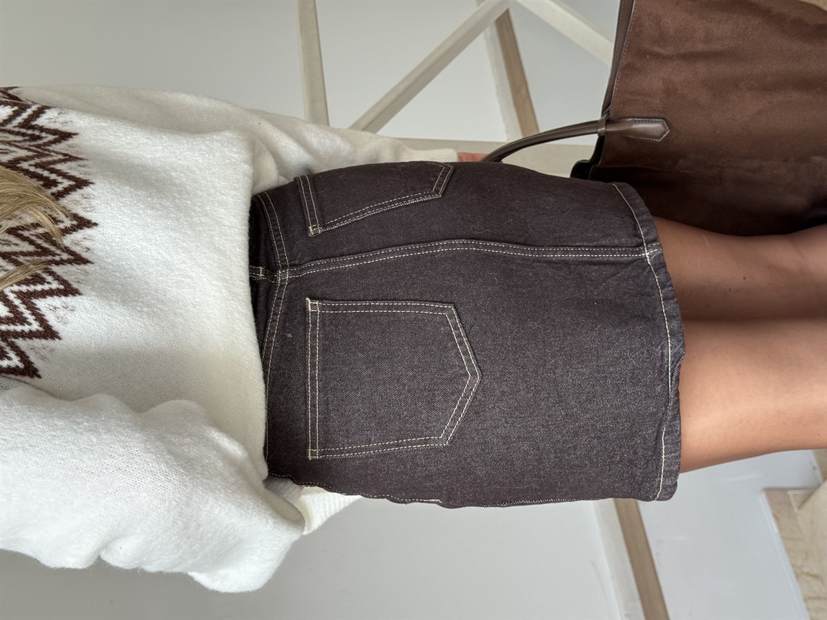 Süet Kemerli Mini Denim Etek - Kahverengi