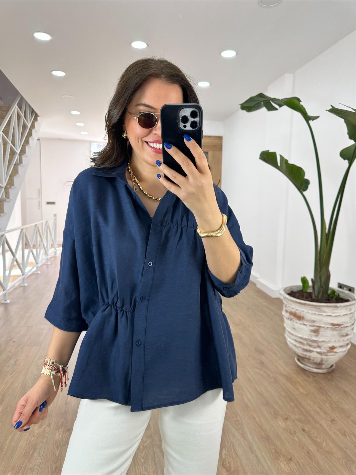 Dikiş Detaylı Oversize Gömlek-Lacivert