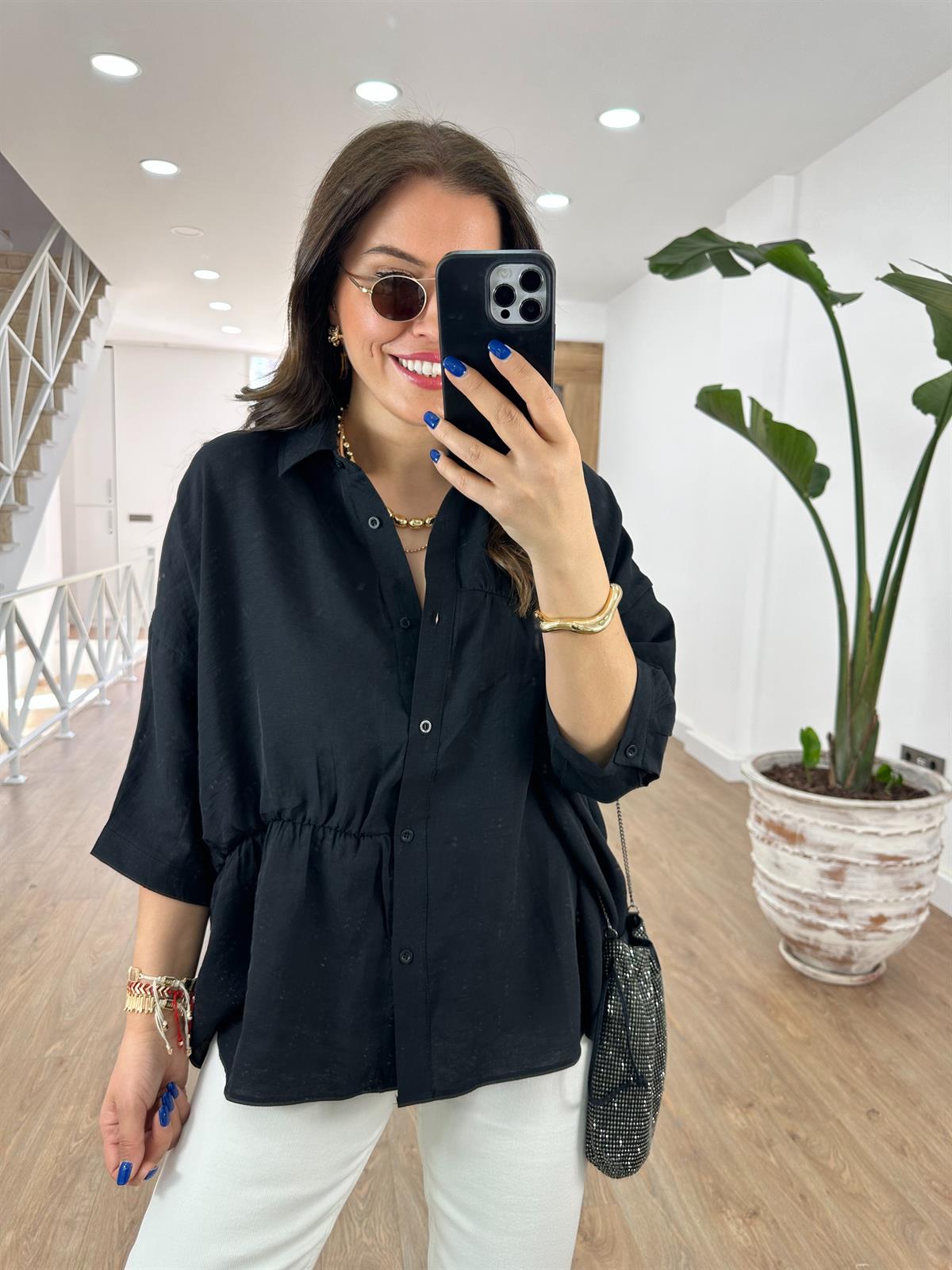 Dikiş Detaylı Oversize Gömlek-Siyah